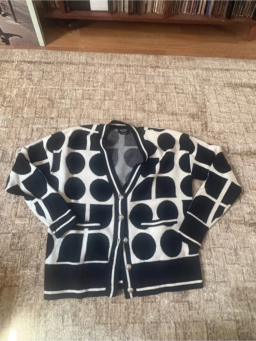 kate spade Black and white Geometric Dot Cardigan with Button Front